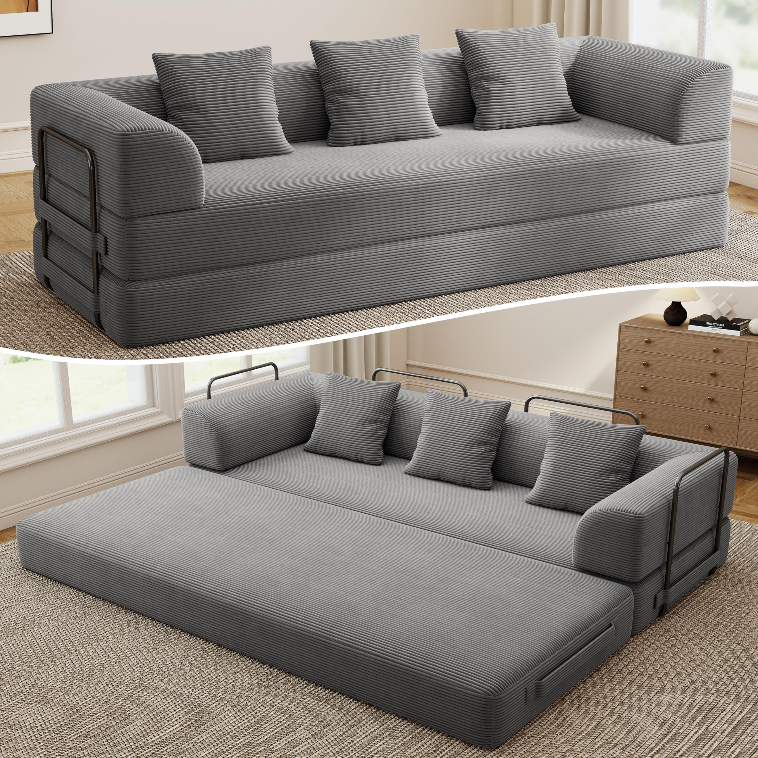 Cloud Boneless Couch Futon Sofa Bed, 5-in-1 Convertible Sofa Bed Pull Out Couch Sleeper Sofa Compressed Loveseat, 70" High-Density Sponge & Corduroy Fabric Futon Daybed for Living Room Bedroom (Gray) | 5-in-1 Convertible