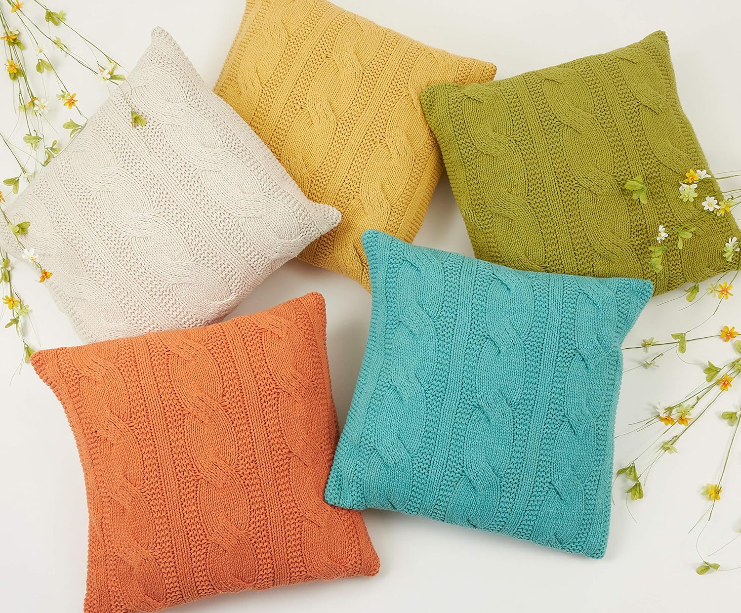 SARO LIFESTYLE 1020 McKenna Knitted Collection Vanilla Cable Knit Design Down Filled Cotton Throw Pillow